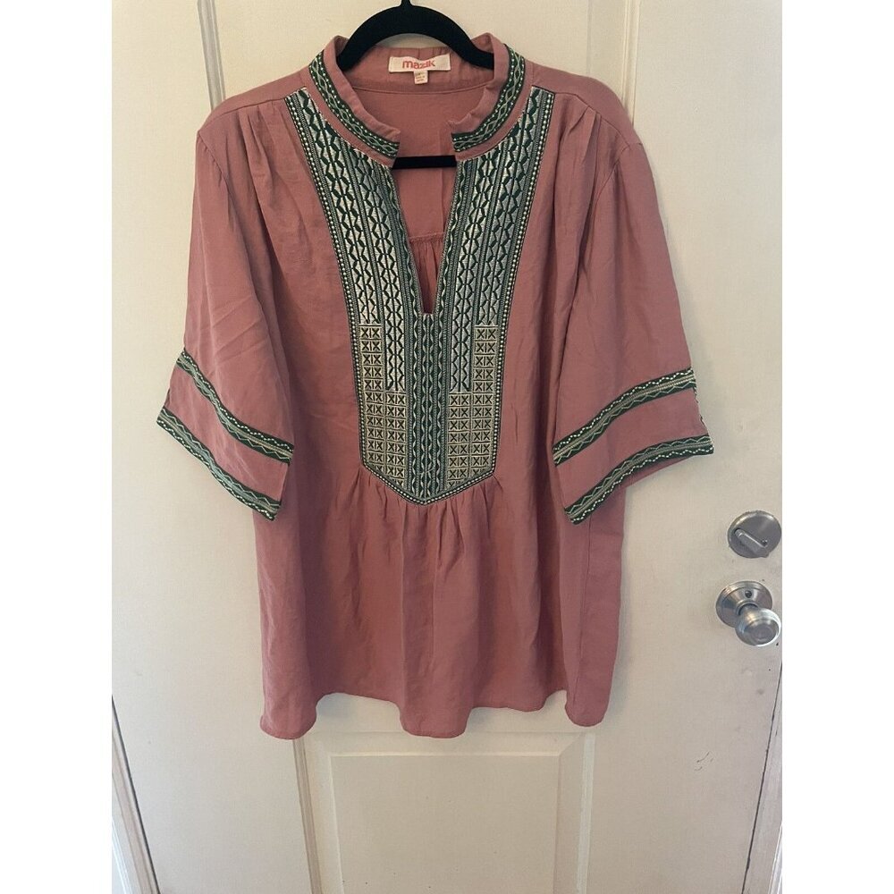 Mazik pink green silver & gold embroidered v-neck top sz L Bohemian